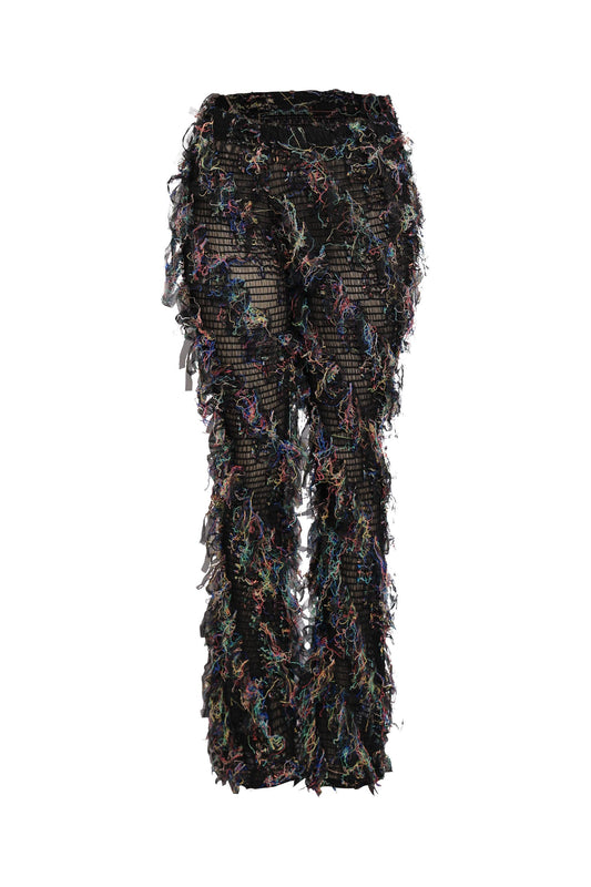 Smocked mesh fringe pants