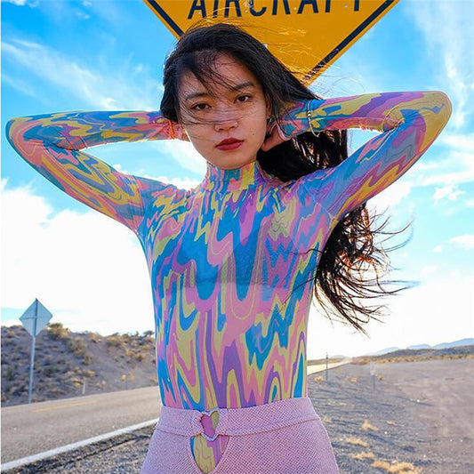 Rainbow Print Slim Bodysuit