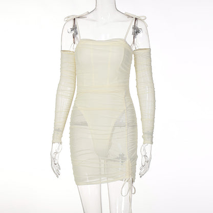 One-way Neck Mesh See-through Stitching  Suspender Dress