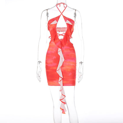 Fashion Hollowed-out Lace-up Fungus Sheath Short Dress