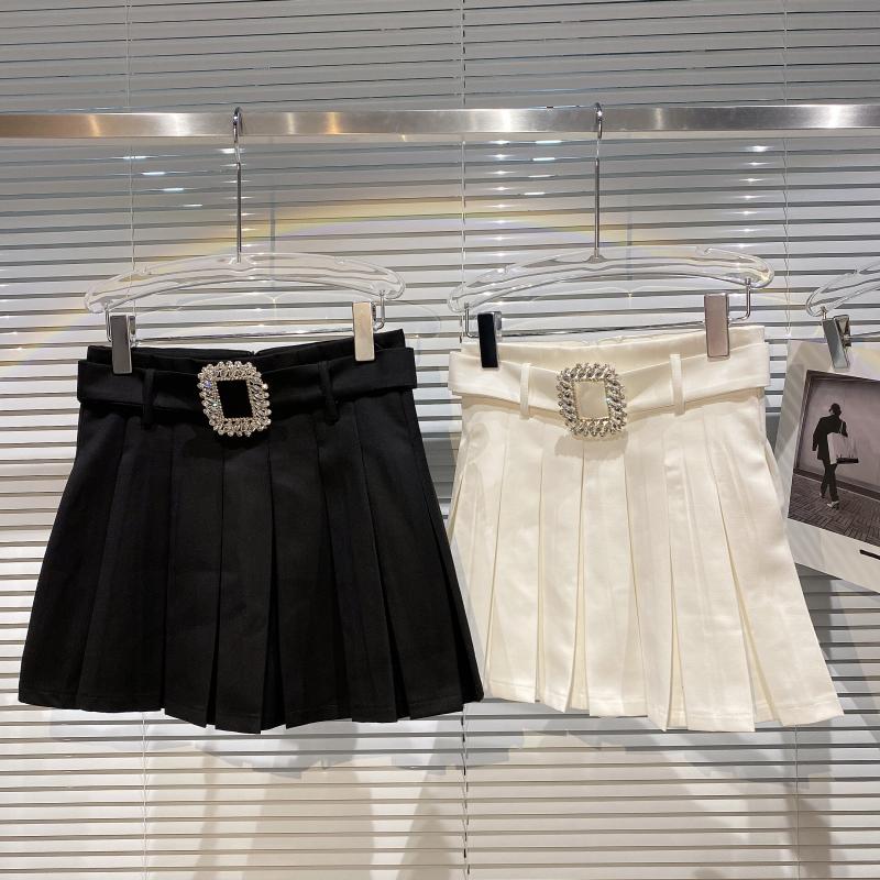 Square Rhinestone Waistband Design Anti Glare Pleated Skirt