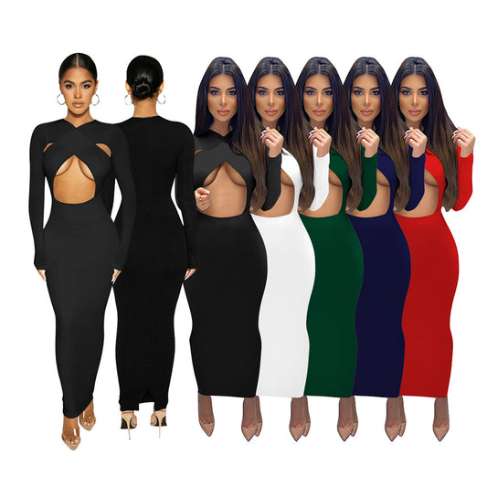 Pure Color Temperament Commuter Wrapped Chest Long Sleeve Midi Dress