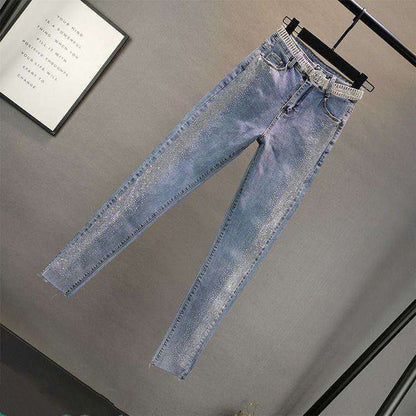 Fashion Stretch Thin Jeans With Hot Rhinestones