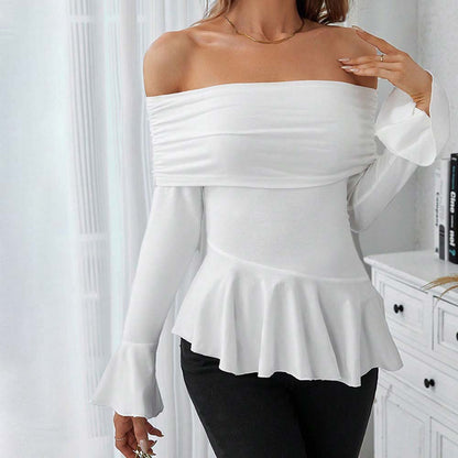 Women's Intellectual Style T-shirt With One-shoulder Neckline Slim Fit For Autumn And Winter, Highlighting Figure And Temperament