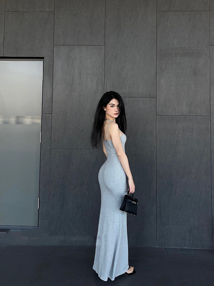 Slim Wrapped Hip Black Strap Dress For Women