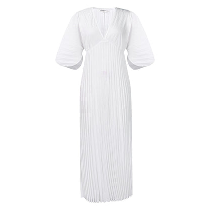 Women's Loose Casual V-neck Batwing Sleeve Pleated Dress