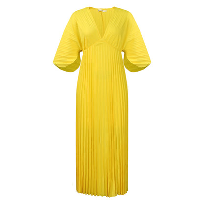 Women's Loose Casual V-neck Batwing Sleeve Pleated Dress