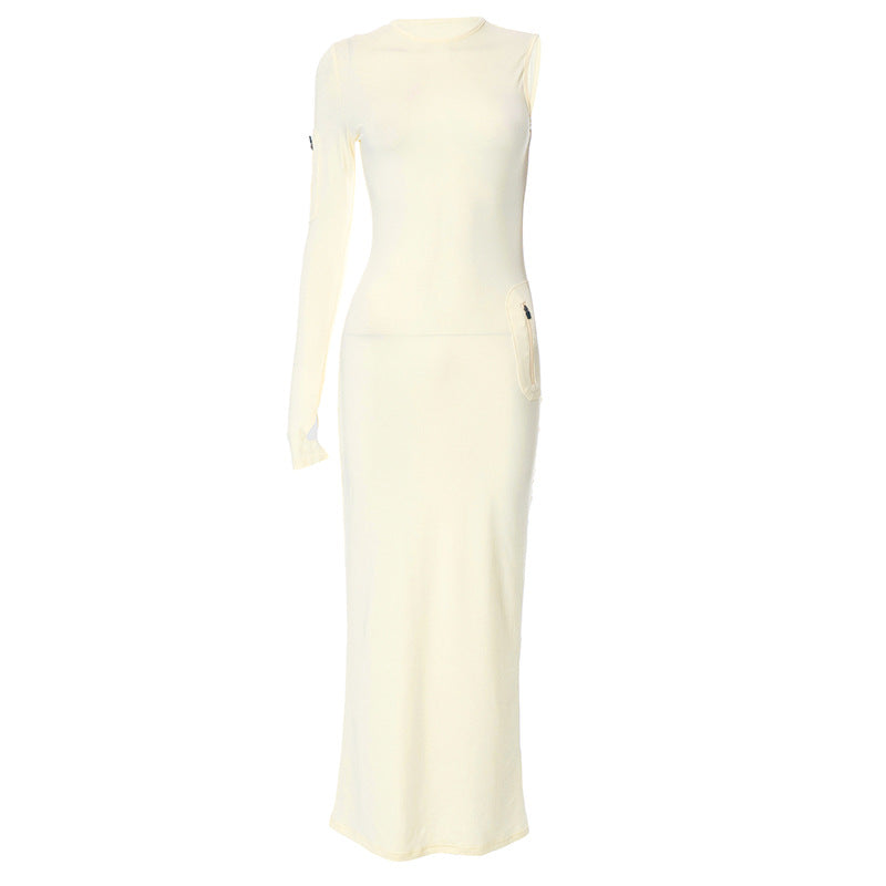 Pocket Tight Round Neck Long Dress