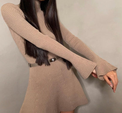 Autumn And Winter Long Sleeves Solid Color Top Turtleneck Sweater High Waist Tight Short Knitted A- Line Dress