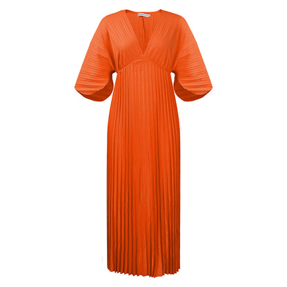 Women's Loose Casual V-neck Batwing Sleeve Pleated Dress