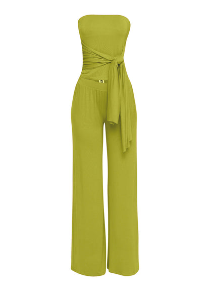 Tie detailed tube top and wide leg pant set