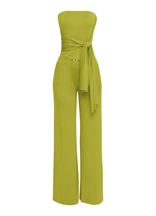 Tie detailed tube top and wide leg pant set
