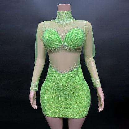 Perspective Gauze Collar Zipper Style Slim Short Dress