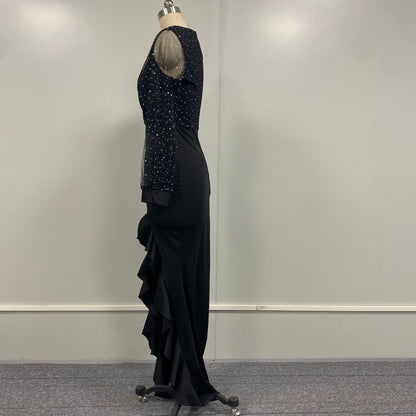 Package Hip Mid-rise Abdomen-control Black Mesh Sequins Dress