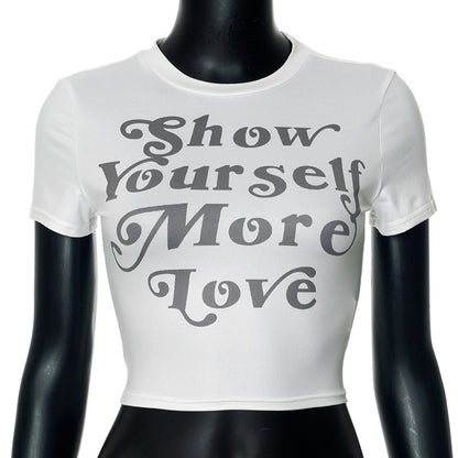 Street Hipster Round Neck T-shirt Versatile Letter Print Navel Short Sleeve