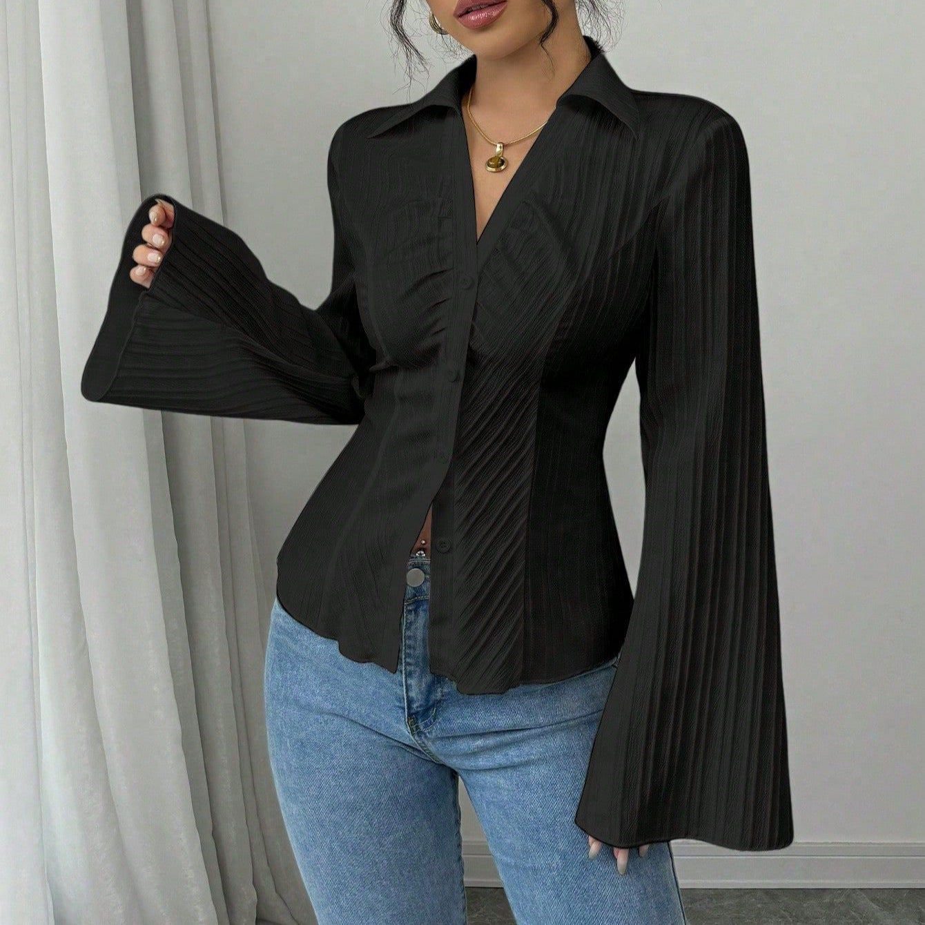 Elegant V-neck Single-breasted Solid-color Striped Blouse