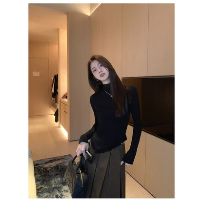 Women's Solid Color Semi High Neck Tassel Knit Base Sweater
