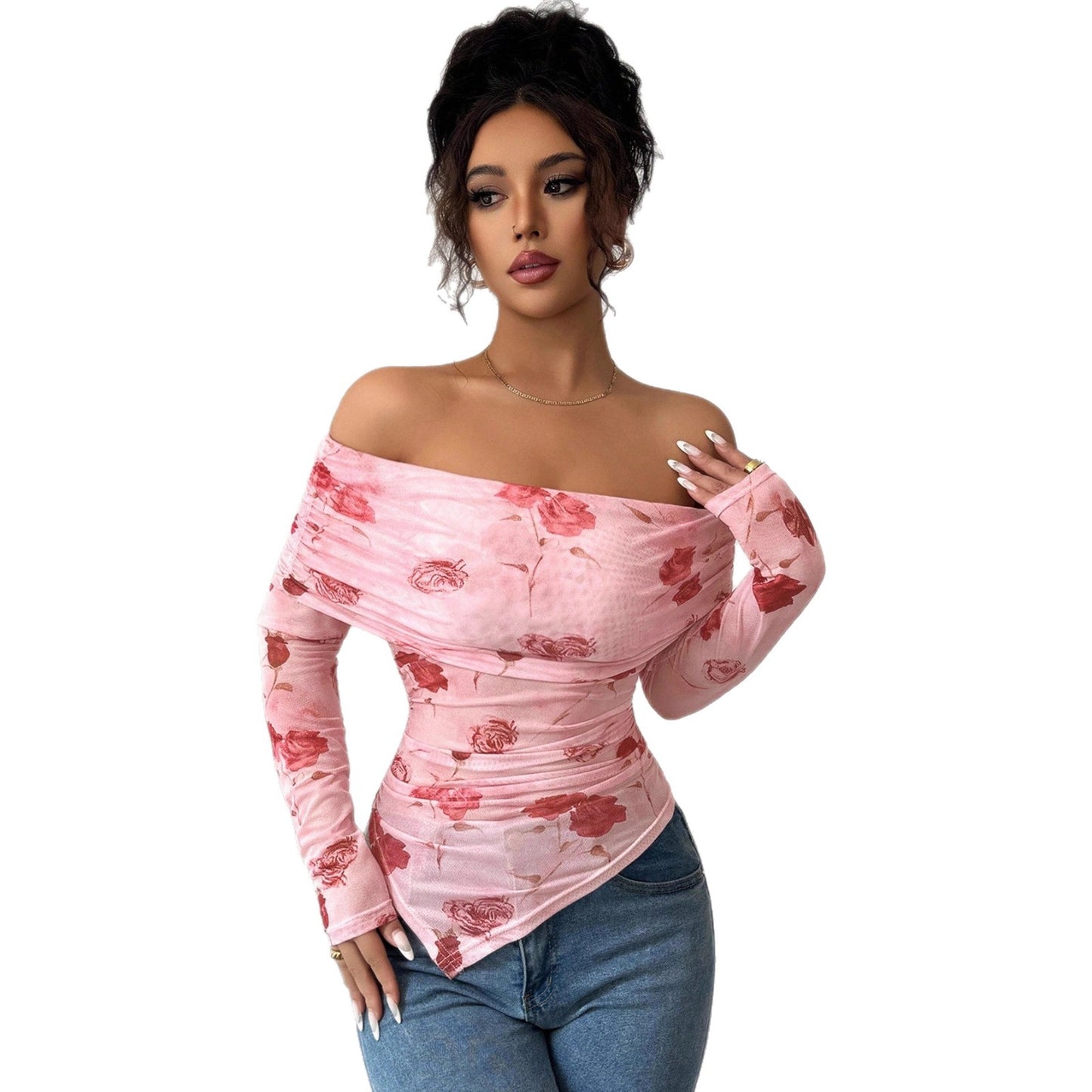 One-shoulder Slim Fit Slimming Ruffled Hem Irregular Versatile Printed Top