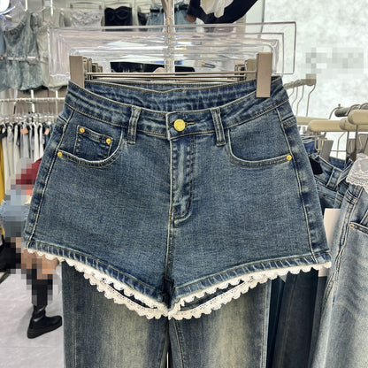 Lace Edge Stitching Sweet Chic Denim Shorts