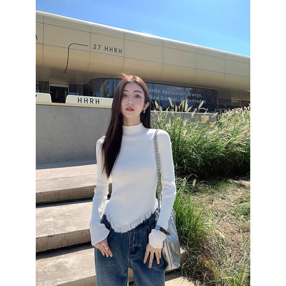 Women's Solid Color Semi High Neck Tassel Knit Base Sweater