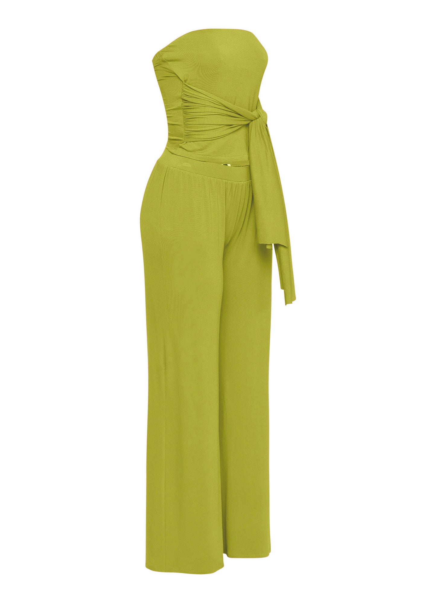 Tie detailed tube top and wide leg pant set