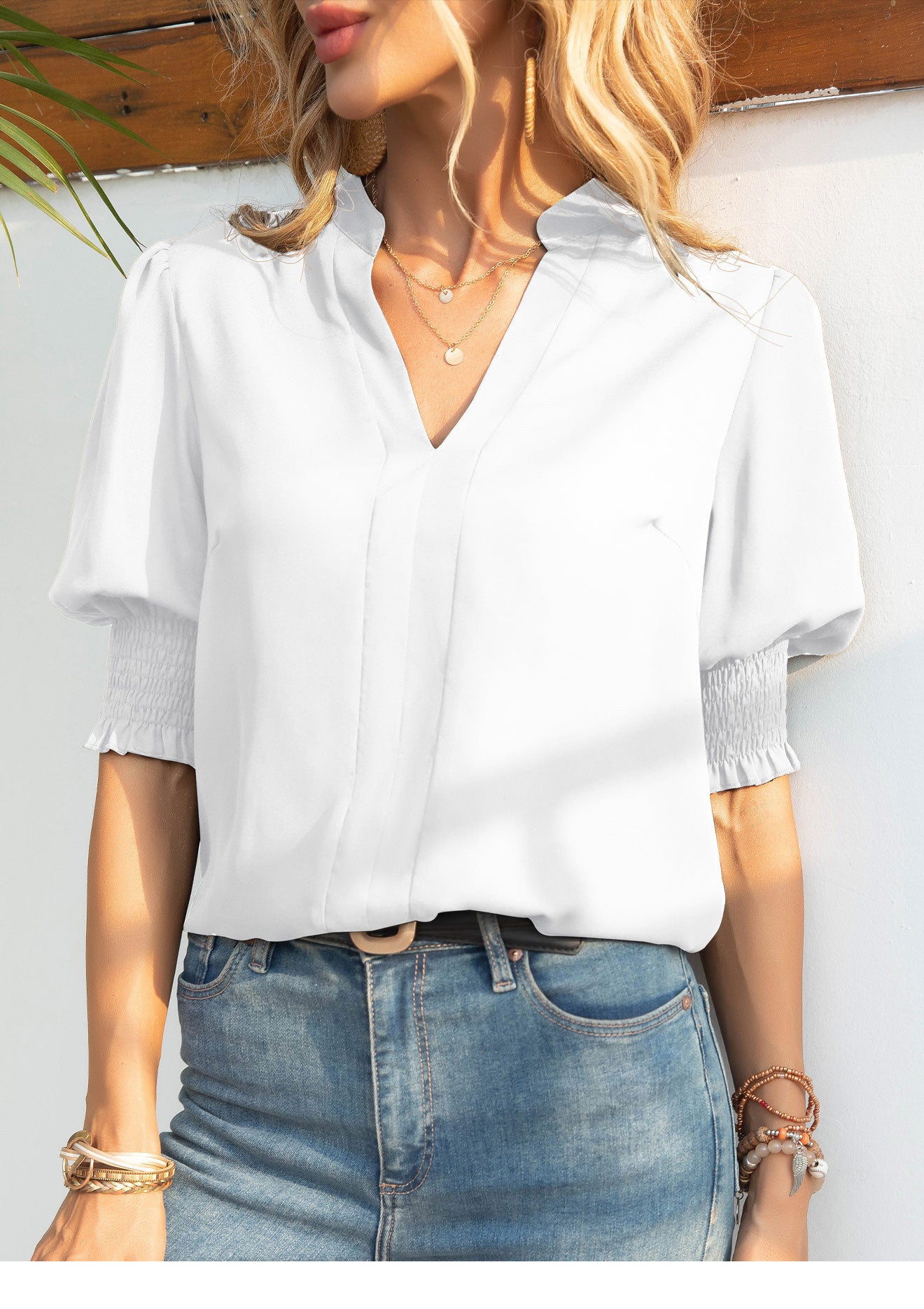 Solid Color Shirt  V-neck Chiffon Shirt