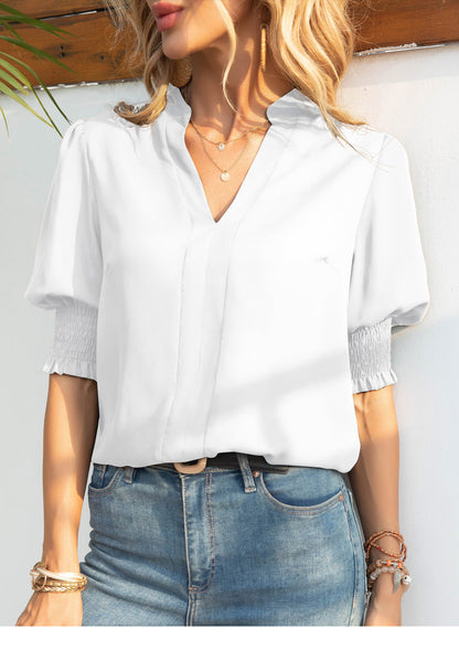 Solid Color Shirt  V-neck Chiffon Shirt