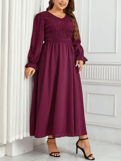 Round Neck Puff Sleeve A- Line Style Pleated Waist Tight Slimming Dress
