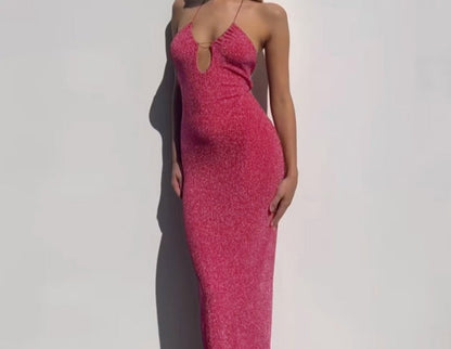 Bright Silk Suspender Skirt Hollow Backless Sheath Dress