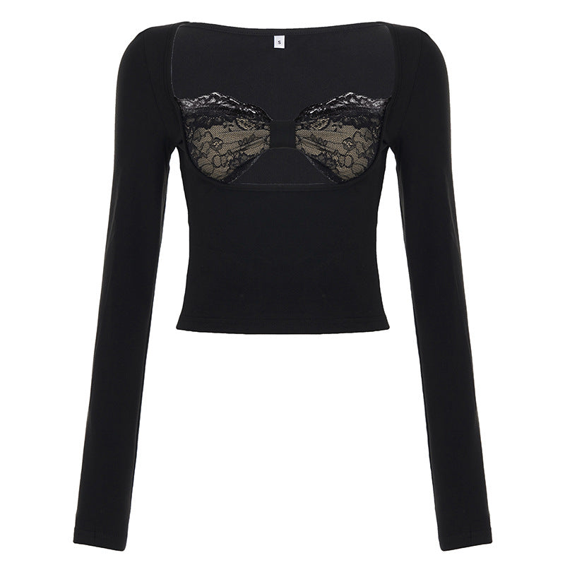 Lace-Panel Fake Two-Piece Hollow-out Long-Sleeve Top