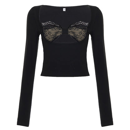 Lace-Panel Fake Two-Piece Hollow-out Long-Sleeve Top