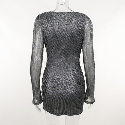 Deep V-neck Underwire Shoulder Pads Pleated Long-sleeved Sheath Dress