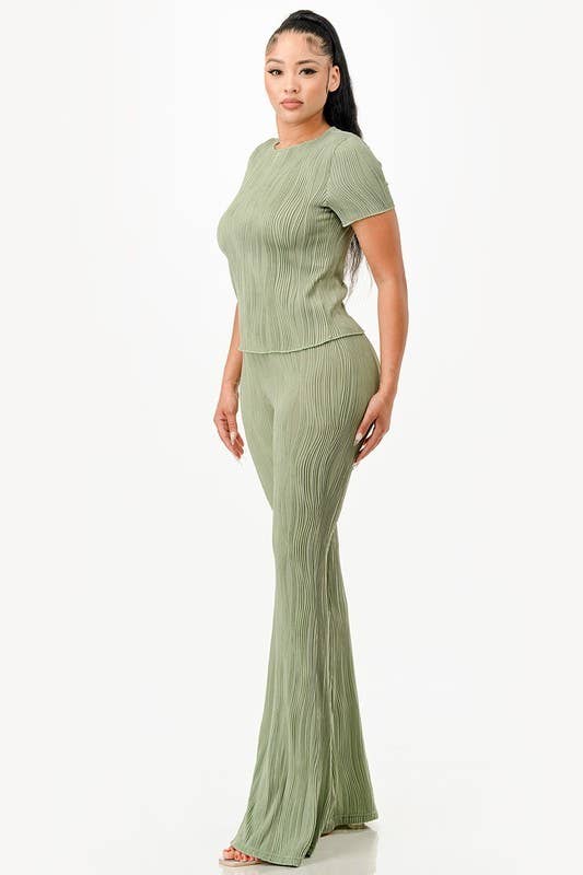 Solid color wavy bliss casual top with flare pants set