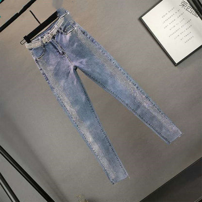 Fashion Stretch Thin Jeans With Hot Rhinestones
