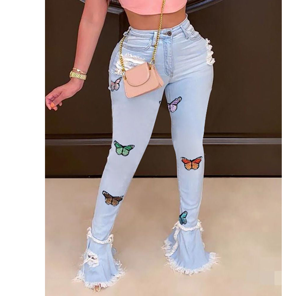 Fashion Butterfly Embroidered Ruffled Hole Denim