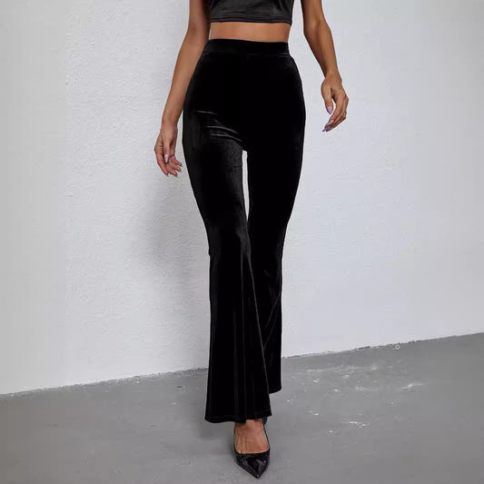 Slim Solid Color High-Waist Velvet Flared Pants