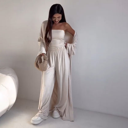 Casual Loose Cardigan Straight-leg Pants Tube Top Suit