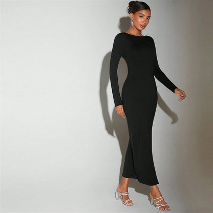 Sexy Dress For Socialites Autumnwinter Round Neck Open Back Design Midi