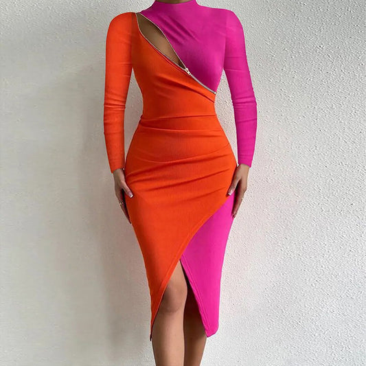Autumn Women's Elegant Socialite Style High Waist Long-sleeve Zipper Tight Dress