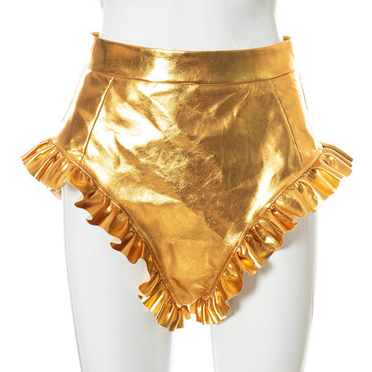 Women's PU Leather Shorts With Wooden Ears