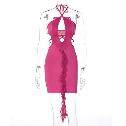 Fashion Hollowed-out Lace-up Fungus Sheath Short Dress