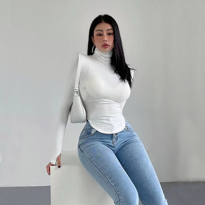 Women's Pure And Sexy Style T-shirt High-neck Slim-fit Figure-hugging Top For Autumn And Winter