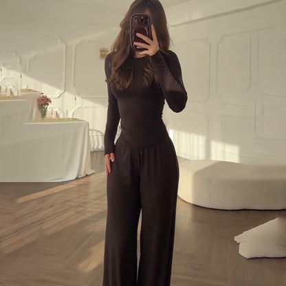 Women's Round Neck Solid Color Wide Leg Pants Stylish Office Suit