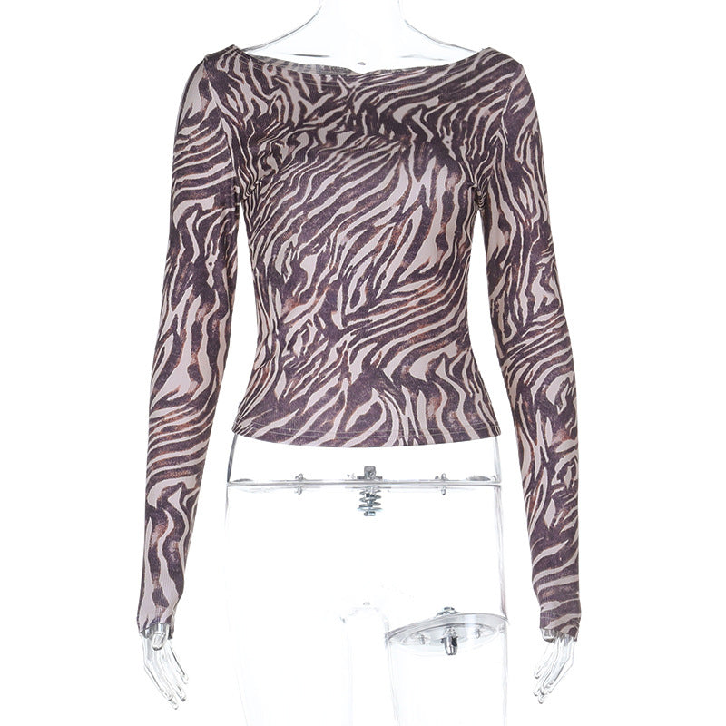 Zebra Stripe Long Sleeve T-shirt Women's Fitted Top