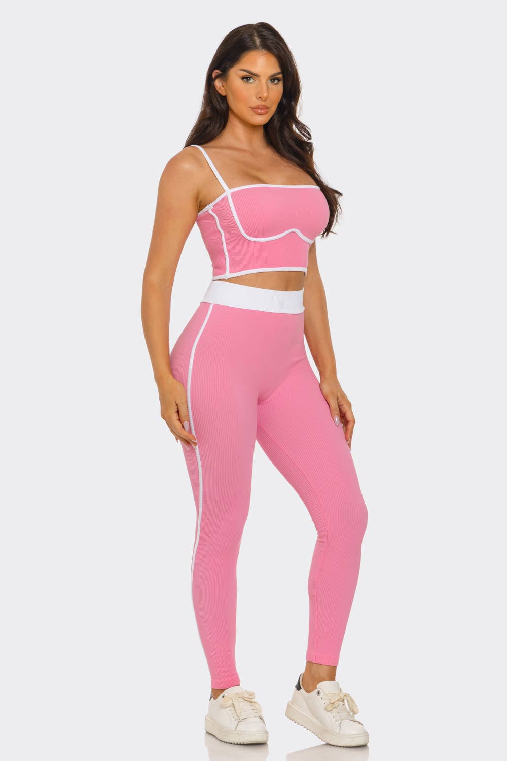Seamless Rib Contrast Trim Top And Leggings Set