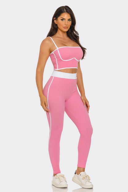 Seamless Rib Contrast Trim Top And Leggings Set