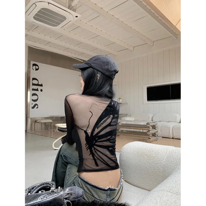 Retro Mesh Stitching Design Sense Half-high Collar Long Sleeves T-shirt