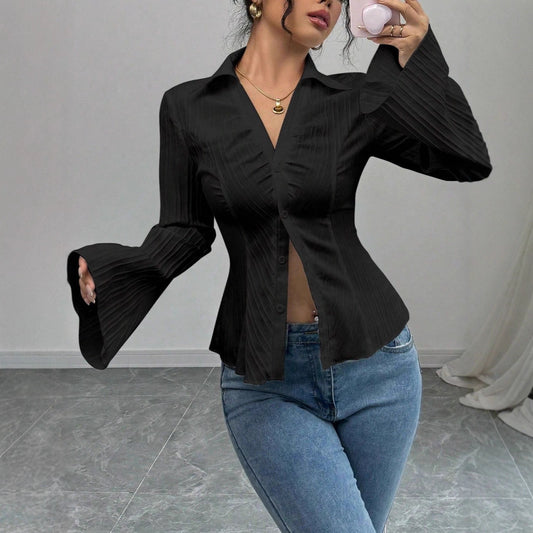 Elegant V-neck Single-breasted Solid-color Striped Blouse
