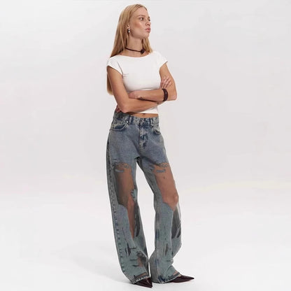 Retro Straight-leg Pants Hollow Texture Niche Design Jeans Y2g Wide Leg