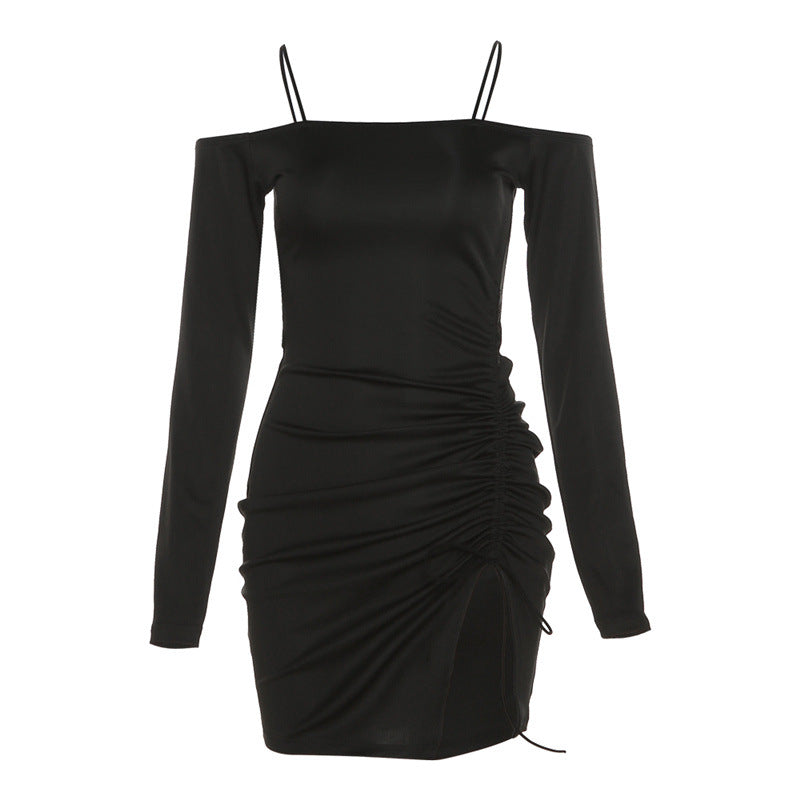 Slim Straight Neck Wrap Hip Split Dress Women